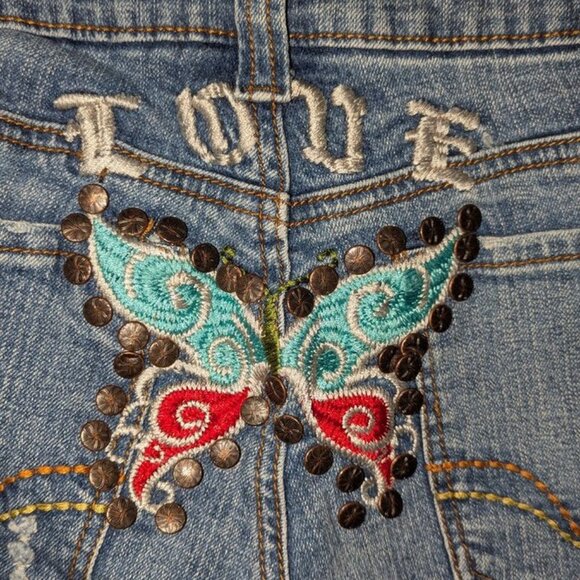 Younique Vintage Retro Bootcut Boot Leg Raw Hem CutOff Butterfly Love Jeans Pant - Picture 5 of 10